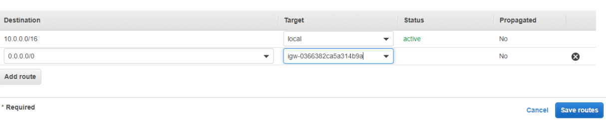 Add internet gateway to route table screenshot