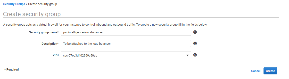 Create load balancer security group screenshot