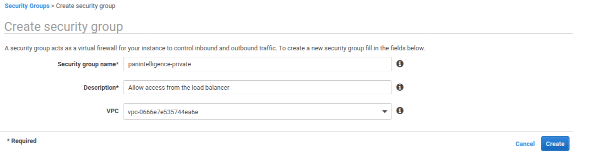 Create the private security group screenshot