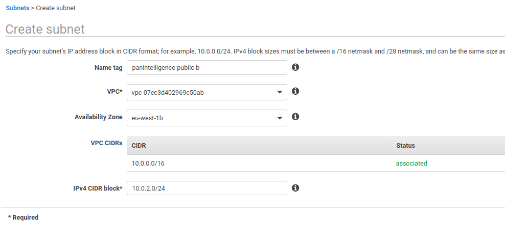 Create second public subnet screenshot