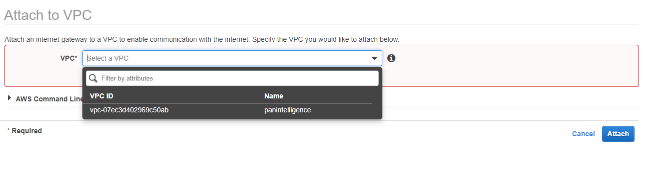 Attach internet gateway screenshot