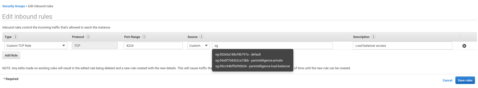 Edit private security group inbound rules screenshot