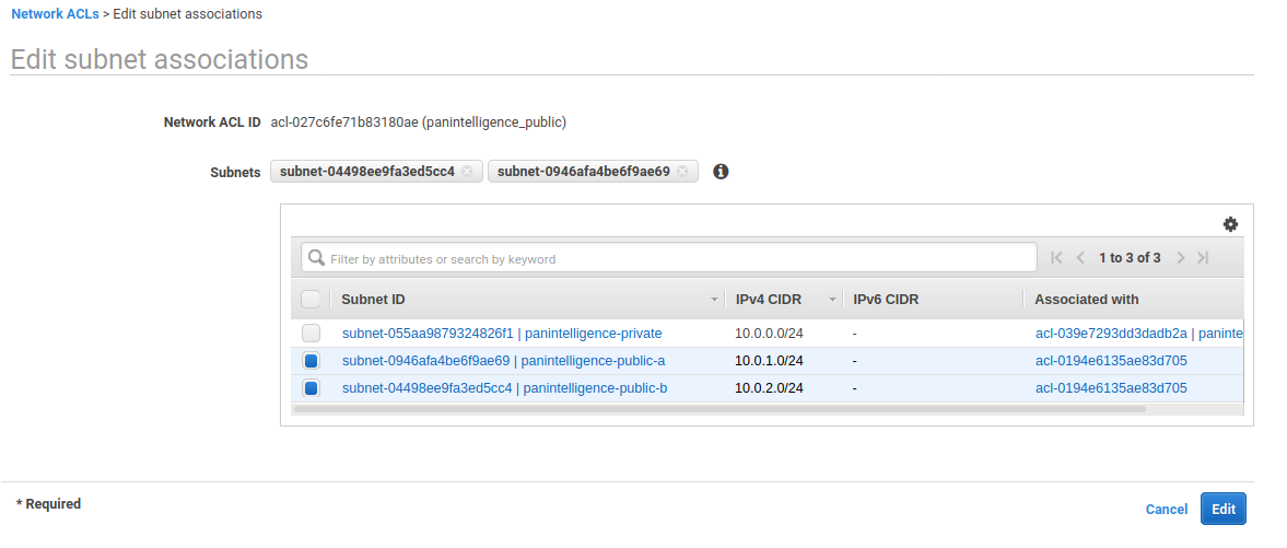 Edit public NACL subnet associations screenshot